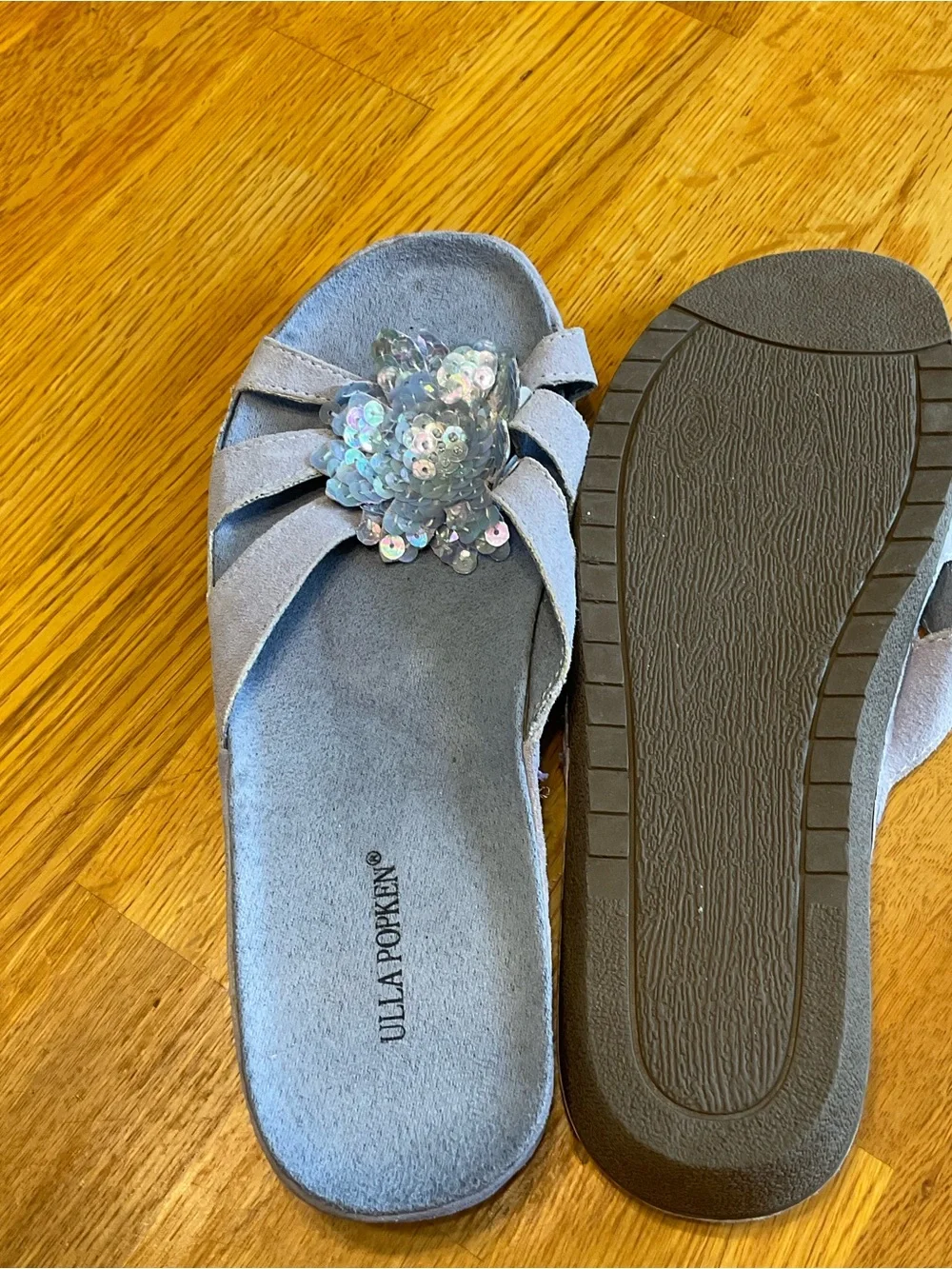 Ulla Popken Suede Slide Sandal Size 9 sequin floral embellishment Comfort